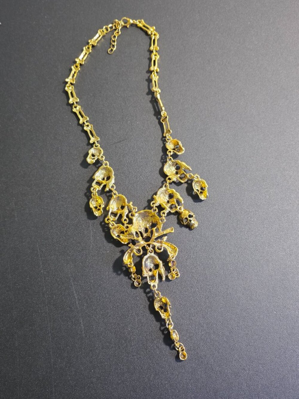 Gold Tone Pirate Skull Statement Necklace Bones Chain - Picture 6 of 9